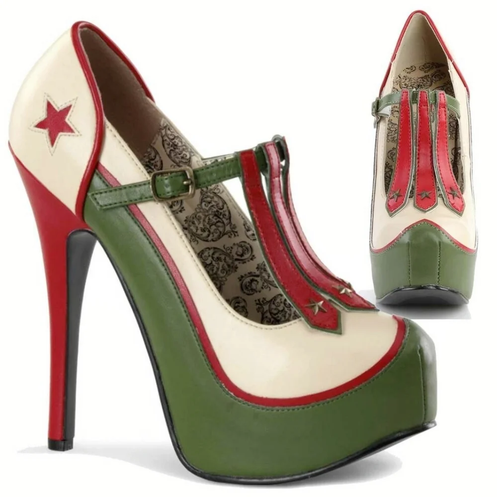 Pleaser Bordello TEEZE-43, cream, red, green, concealed platform, military theme - Picture 9 of 10